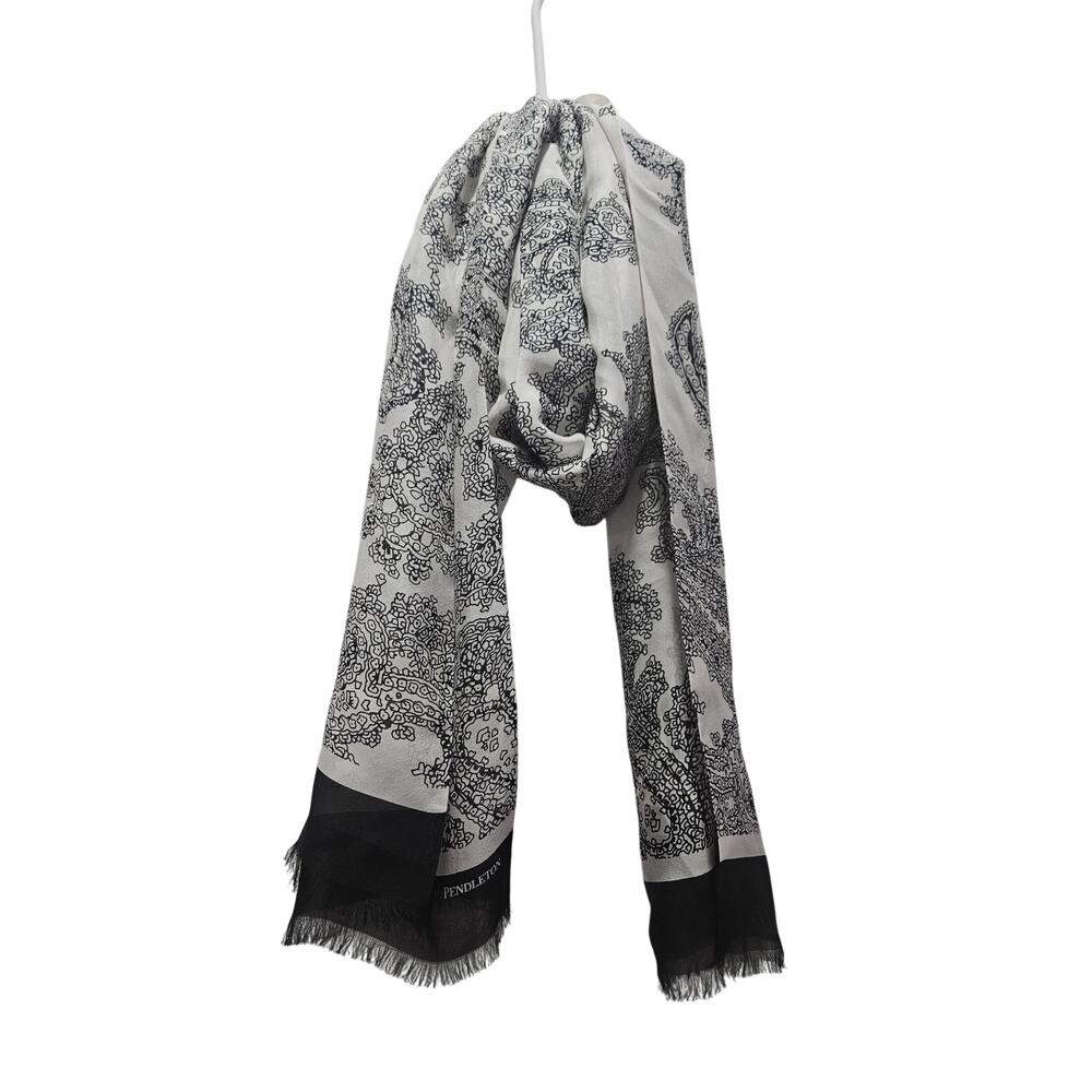Pendleton 100% Silk Fringe Scarf Black White Floral Paisley Print